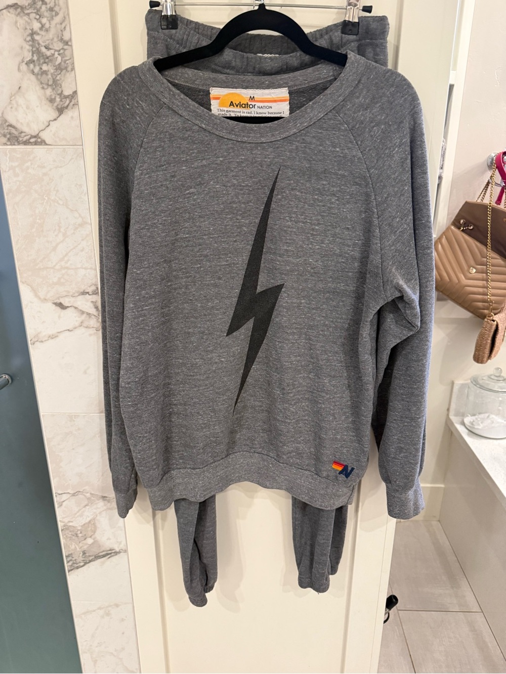 Aviator Nation Gray Crewneck with Black Lightning Bolt jogging set